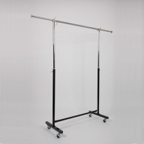 Вешало - стойка для одежды. Вешалка напольная металлическая одноярусная передвижная на колесах, хром + черное , ST001