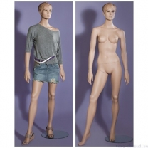 Манекен женский стилизованный, реалистичный телесный, с макияжем, для одежды в полный рост, стоячий прямо, правая нога немного отставлена в сторону. MD-L-86