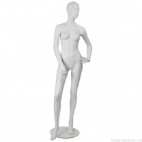 Манекен женский стилизованный, скульптурный белый, для одежды в полный рост, стоячий прямо, левая рука согнута в локте. MD-IN-8Mara-01M
