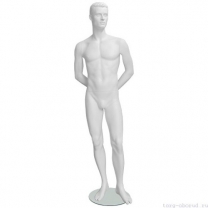 Манекен мужской стилизованный, скульптурный белый, для одежды в полный рост, стоячий прямо, руки убраны за спину. MD-IN-34Alex-01M