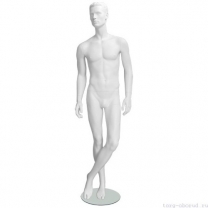 Манекен мужской стилизованный, скульптурный белый, для одежды в полный рост, стоячий прямо, левая нога согнута. MD-IN-35Alex-01M