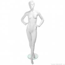 Манекен женский стилизованный, скульптурный белый, для одежды в полный рост, стоячий прямо, руки согнуты в локтях. MD-Lauren Pose 02