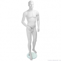 Манекен мужской стилизованный, скульптурный белый, для одежды в полный рост, стоячий прямо, левая рука согнута в локте. MD-Tom Pose 03