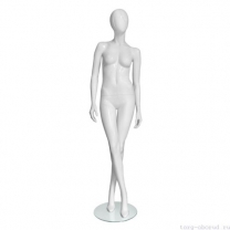 Манекен женский, глянцевый белый, абстрактный, для одежды в полный рост, стоящий прямо, ноги скрещены. MD-Vita Type 06F-01G