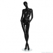 Манекен женский, глянцевый черный, абстрактный, для одежды в полный рост, стоящий прямо, ноги скрещены. MD-Storm Type 01F-02G