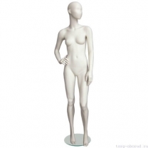 Манекен женский, абстрактный, для одежды в полный рост, на круглой подставке, цвет слоновая кость, стоячий, правая рука согнута в локте. MD-Solo Type 07F-07M