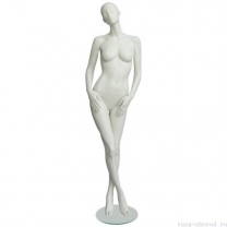 Манекен женский, абстрактный, для одежды в полный рост, на круглой подставке, цвет слоновая кость, стоячий, ноги скрещены. MD-Solo Type 09F-07M