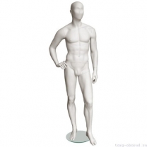 Манекен мужской, абстрактный, для одежды в полный рост, на круглой подставке, цвет слоновой кости, стоячий, правая рука согнута в локте. MD-Solo Type 34M-07M