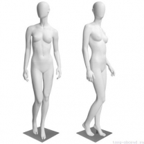 Манекен женский, белый, абстрактный, для одежды в полный рост на квадратной подставке, стоячий прямо, правая нога немного согнута в колене. MD-Bingo Type 03F-01M