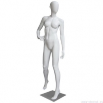 Манекен женский, белый, абстрактный, для одежды в полный рост на квадратной подставке, стоячий прямо, правая рука согнута. MD-Bingo Type 04F-01M