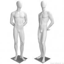 Манекен мужской, белый, абстрактный, для одежды в полный рост на квадратной подставке, стоячий прямо, руки убраны за спину. MD-Bingo Type 31M-01M