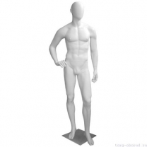 Манекен мужской, белый, абстрактный, для одежды в полный рост на квадратной подставке, стоячий прямо, правая рука согнута. MD-Bingo Type 32M-01M