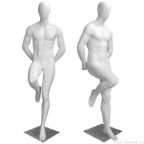 Манекен мужской, белый, абстрактный, для одежды в полный рост на квадратной подставке, стоячий, правая нога согнута в колене. MD-Bingo Type 34M-01M