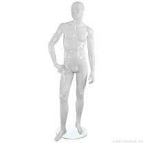 Манекен мужской, белый глянцевый, абстрактный, для одежды в полный рост на круглой подставке, стоячий прямо, правая рука согнута. MD-TANGO 31M-01G
