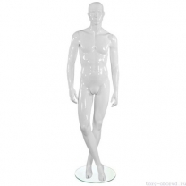 Манекен мужской, белый глянцевый, абстрактный, для одежды в полный рост на круглой подставке, стоячий прямо, ноги скрещены. MD-TANGO 34M-01G