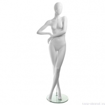 Манекен женский, белый, абстрактный, для одежды в полный рост на круглой подставке, стоячий, ноги скрещены. MD-RETRO 01F-01M