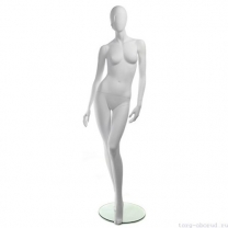 Манекен женский, белый, абстрактный, для одежды в полный рост на круглой подставке, стоячий прямо, левая нога немного согнута. MD-RETRO 03F-01M