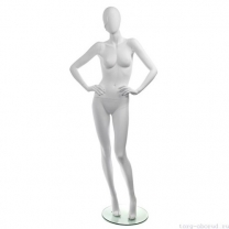 Манекен женский, белый, абстрактный, для одежды в полный рост на круглой подставке, стоячий прямо, руки согнуты в локтях. MD-RETRO 09F-01M