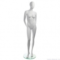 Манекен женский, белый, абстрактный, для одежды в полный рост на круглой подставке, стоячий прямо, руки убраны за спину. MD-RETRO 12F-01M