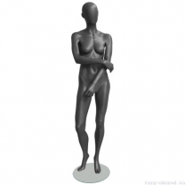 Манекен женский, серый, абстрактный, для одежды в полный рост на круглой подставке, стоячий прямо, правая рука согнута в локте. MD-GREY 02F-03M