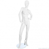 Манекен женский, белый глянцевый, абстрактный, для одежды в полный рост на круглой подставке, стоячий полу-боком, руки согнуты в локтях. MD-FR-02F-01G