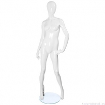 Манекен женский, белый глянцевый, абстрактный, для одежды в полный рост на круглой подставке, стоячий прямо, левая рука согнута. MD-FR-03F-01G