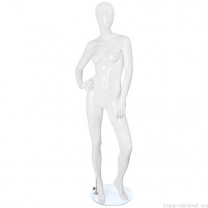 Манекен женский, белый глянцевый, абстрактный, для одежды в полный рост на круглой подставке, стоячий, правая рука согнута. MD-FR-06F-01G