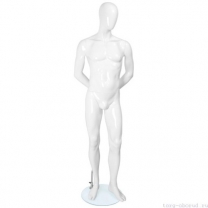 Манекен мужской, белый глянцевый, абстрактный, для одеждый в полный рост на круглой подставке, стоячий прямо, руки убраны за спину. MD-FR-32M-01G