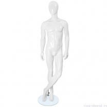 Манекен мужской, белый глянцевый, абстрактный, для одежды в полный рост на круглой подставке, стоячий прямо, ноги скрещены. MD-FR-33M-01G