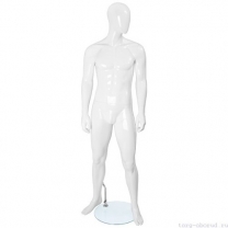 Манекен мужской, белый глянцевый, абстрактный, для одежды в полный рост на круглой подставке, стоячий прямо, голова повернута влево. MD-FR-34M-01G