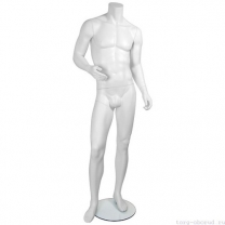 Манекен мужской, скульпутрный, без головы, для одежды в полный рост, цвет белый, правая рука согнута в локте. MD-Smart (headless) Pose 02-01M