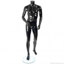 Манекен мужской, скульпутрный, без головы, для одежды в полный рост, цвет черный глянец, стоячий прямо, правая рука немного согнута в локте. MD-Smart (headless) Pose 04-02G