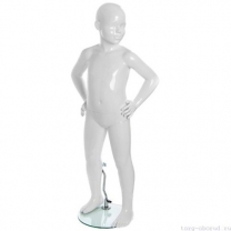 Манекен детский, стилизованный, белый глянец, для одежды в полный рост, на 4 года, стоячий прямо, руки согнуты в локтях. MD-Peppy Abstract 01-01G