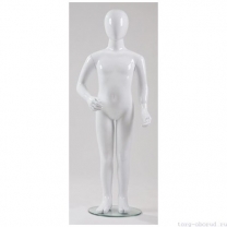 Манекен детский, стилизованный, белый глянец, для одежды в полный рост, на 5 лет, стоячий прямо, правая рука согнута в локте. MD-Glance Junior 04